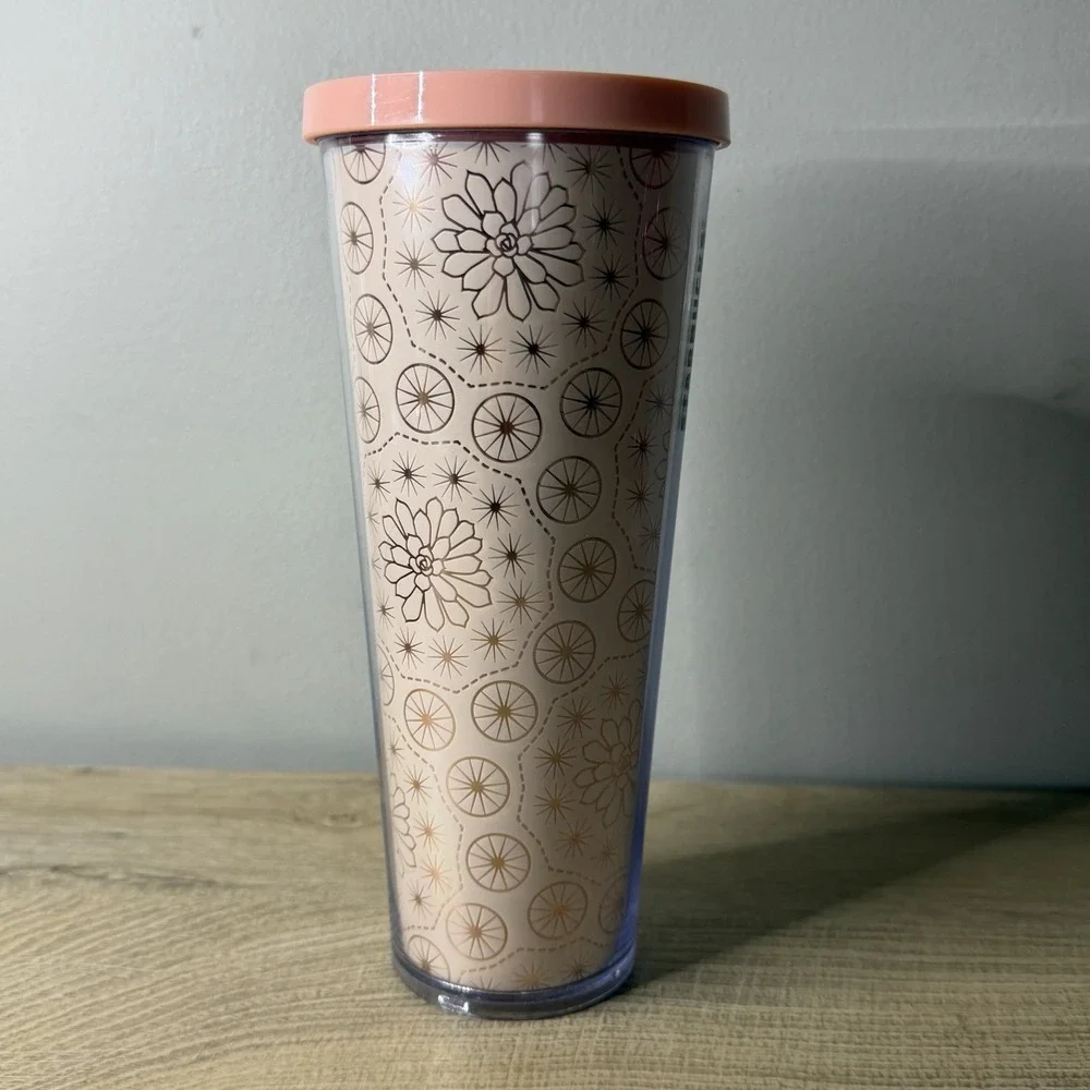 Starbucks Tumbler 24‎ oz Venti Cold Cup Pink Gold Floral Succulent Geometric Lid